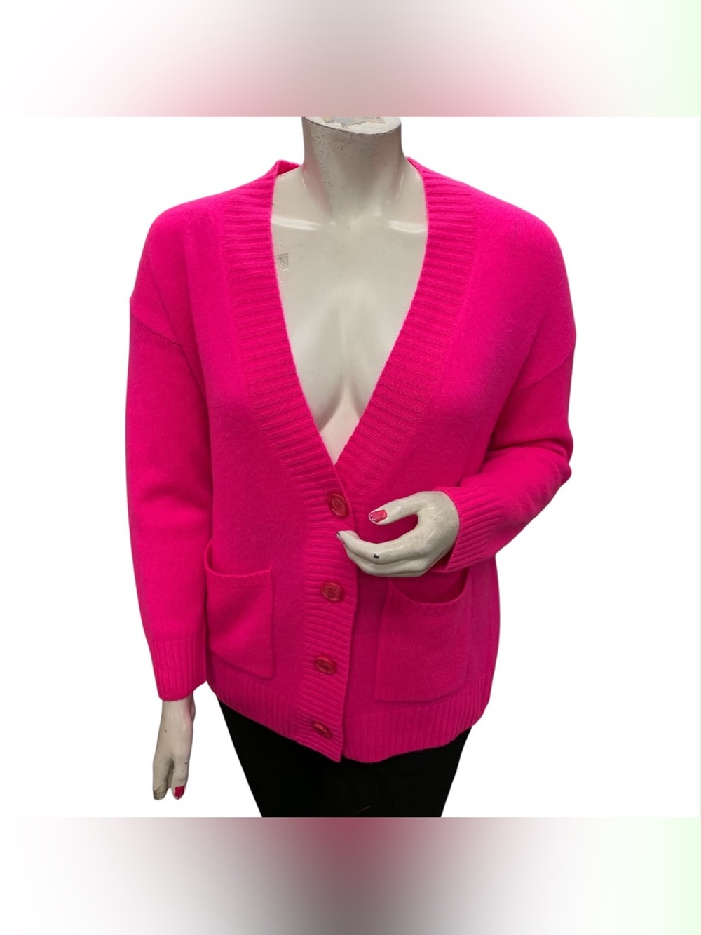 100% Cashmere Hot Pink V-Neck Button Cardigan Sweater Size XL